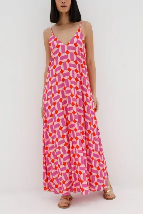 LONG VISCOSE V-NECK DRESS "DIAMONDS" PINK/ORANGE