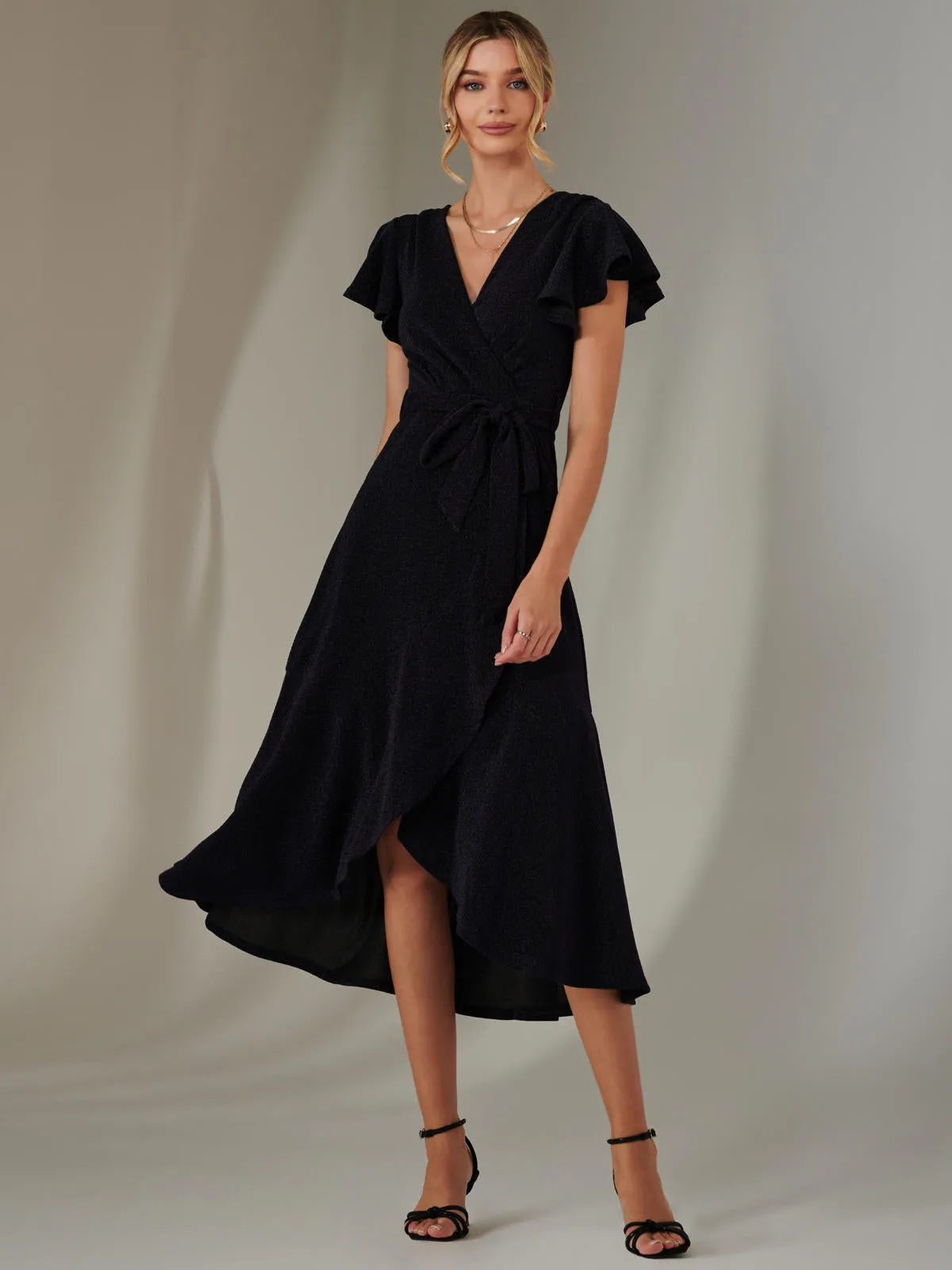 Marlie Metallic Angel Sleeve Maxi Dress, Navy