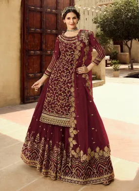 Maroon and Gold Embroidered Net Lehenga Suit