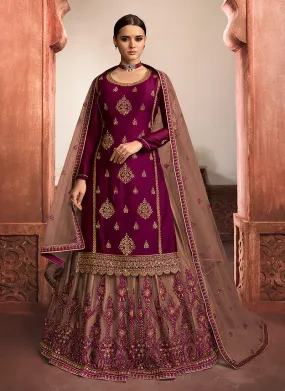 Maroon And Mauve Embroidered Lehenga/Pant Suit