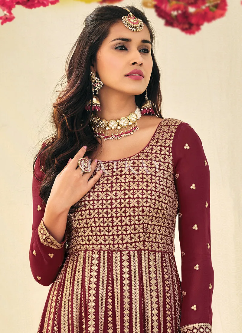 Maroon Embroidered Festive Anarkali Suit