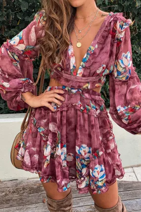 Maroon Floral Strappy Back Short Dress