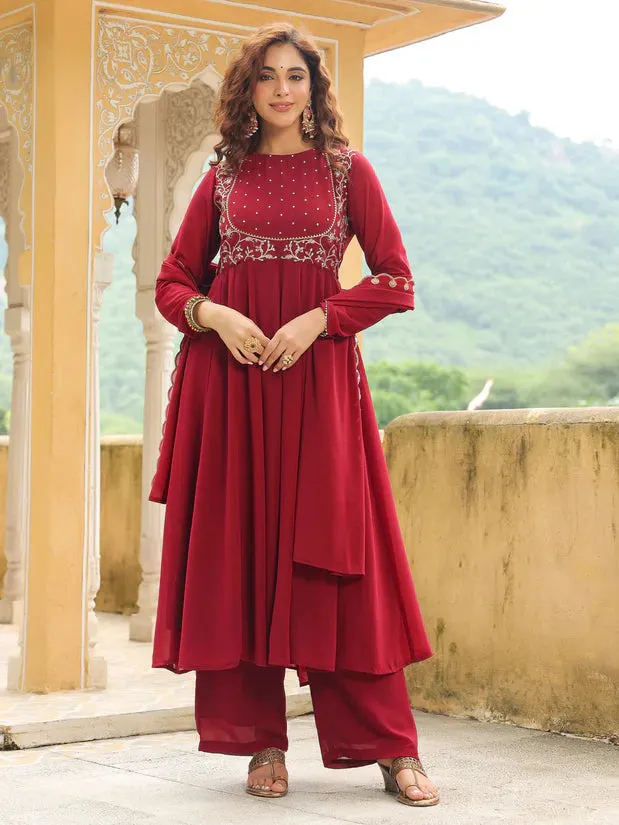 Maroon Georgette Embroidered Anarkali Suit Set with Dupatta