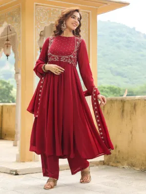 Maroon Georgette Embroidered Anarkali Suit Set with Dupatta