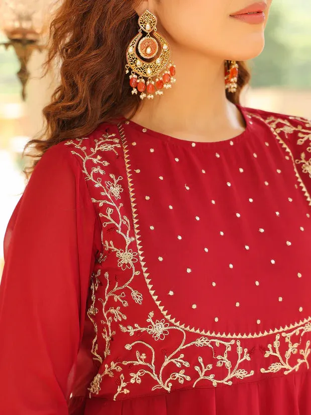 Maroon Georgette Embroidered Anarkali Suit Set with Dupatta