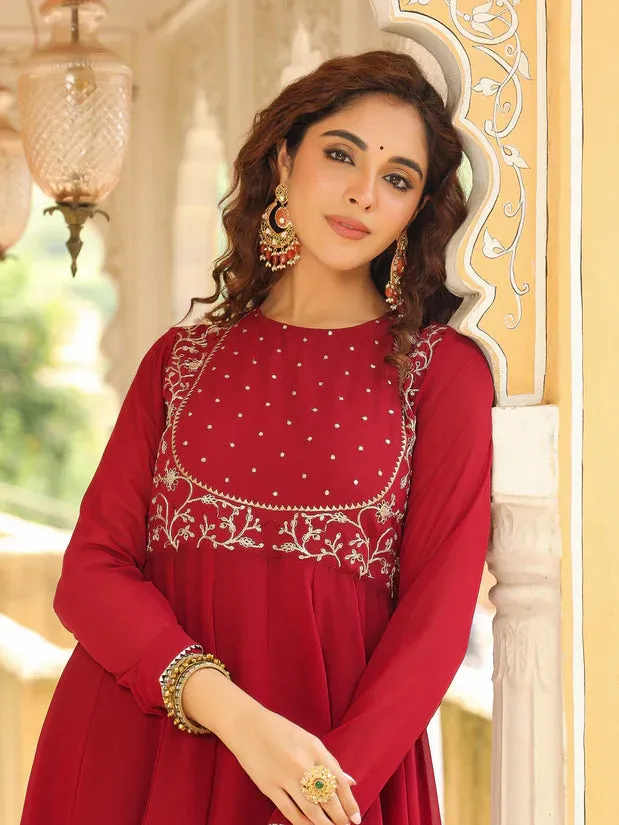 Maroon Georgette Embroidered Anarkali Suit Set with Dupatta