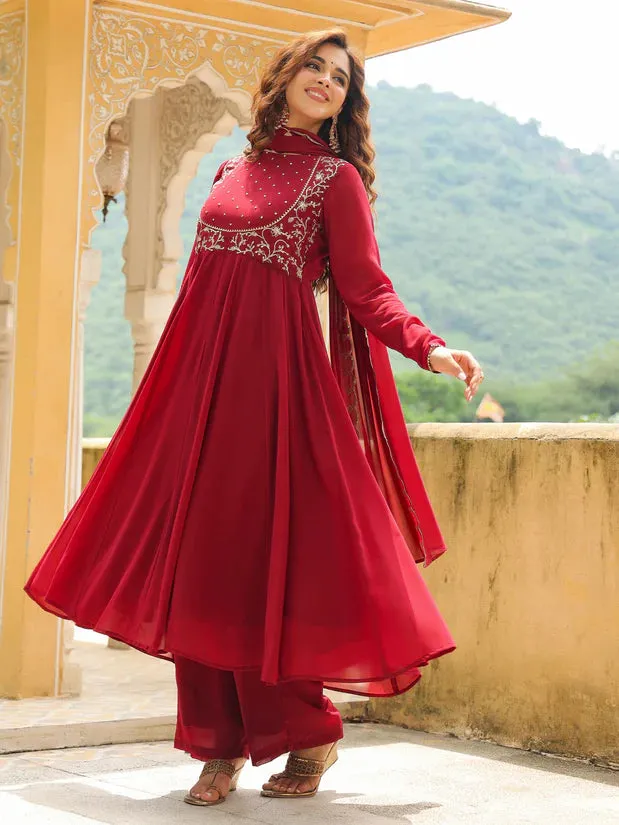 Maroon Georgette Embroidered Anarkali Suit Set with Dupatta