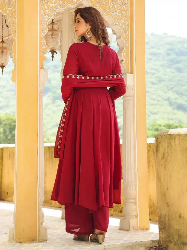 Maroon Georgette Embroidered Anarkali Suit Set with Dupatta