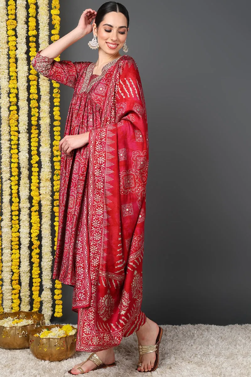 Maroon Silk Blend Ethnic Motifs Printed Flared Suit Set