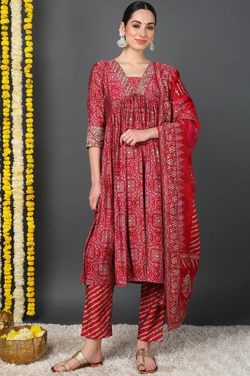 Maroon Silk Blend Ethnic Motifs Printed Flared Suit Set