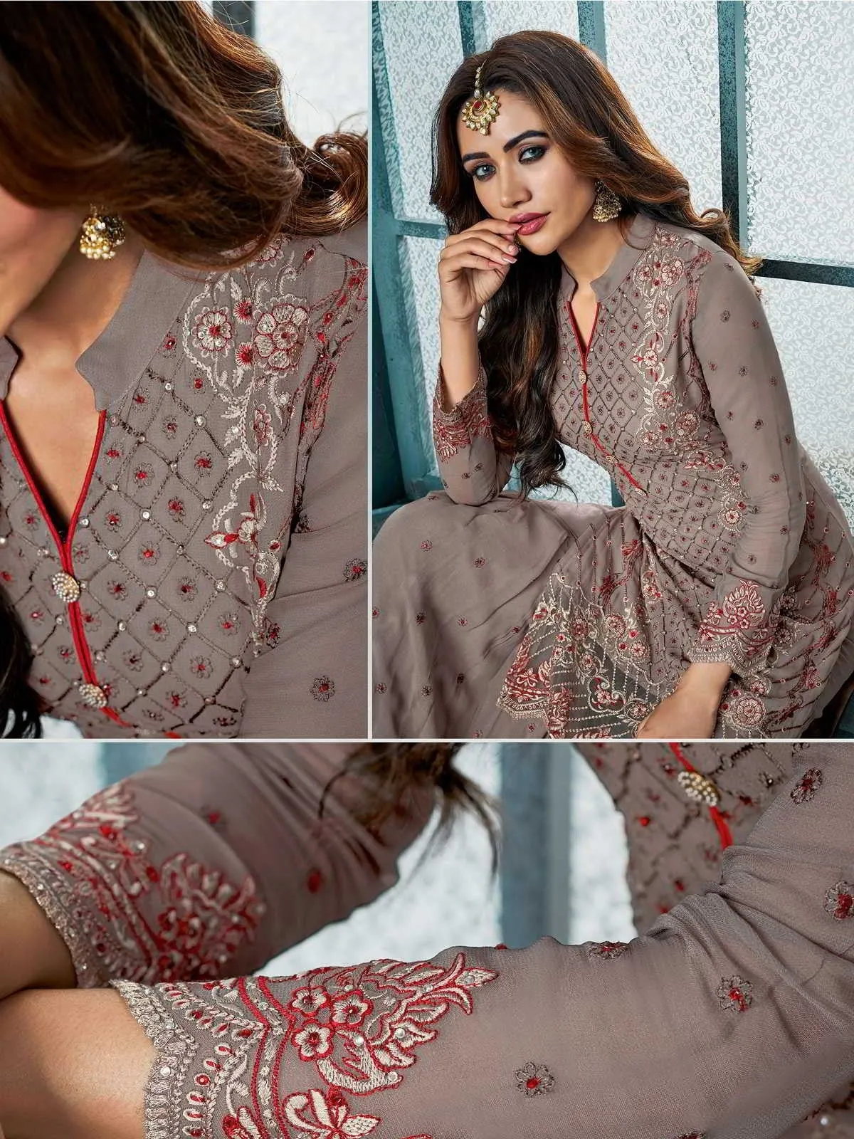 Mauve And Red Embroidered Palazzo Suit