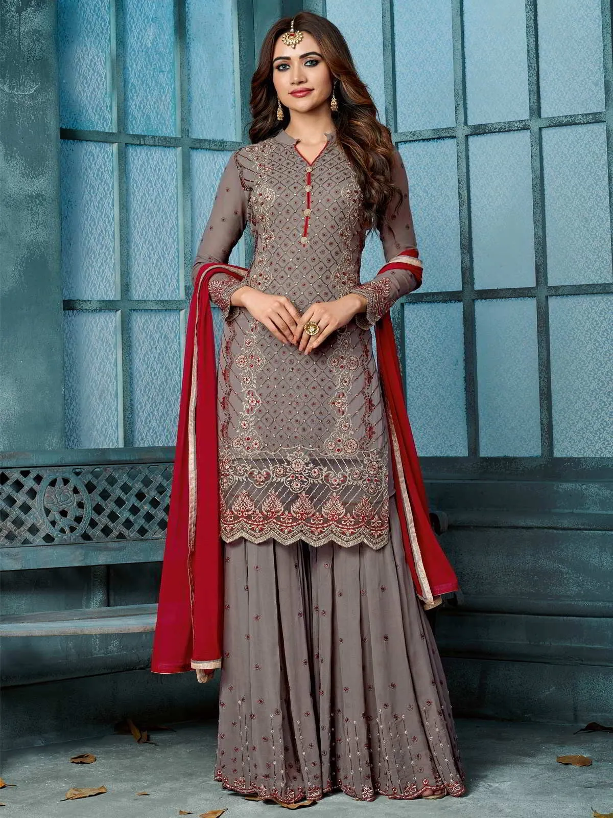 Mauve And Red Embroidered Palazzo Suit