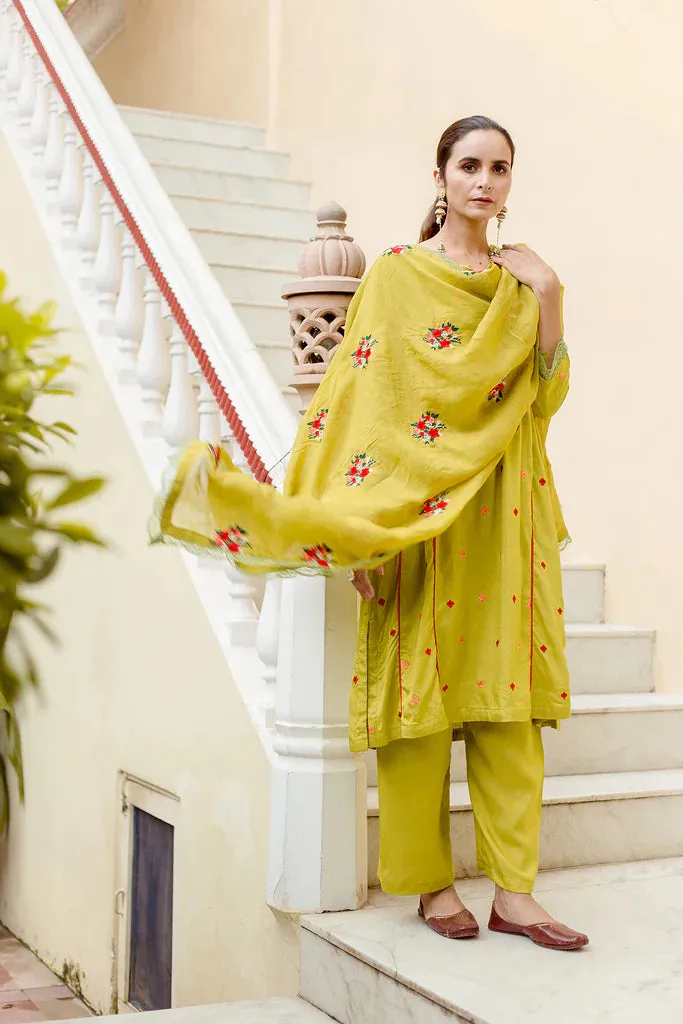 Mehendi Green Raw Silk Embroidered Suit Set with Organza Dupatta