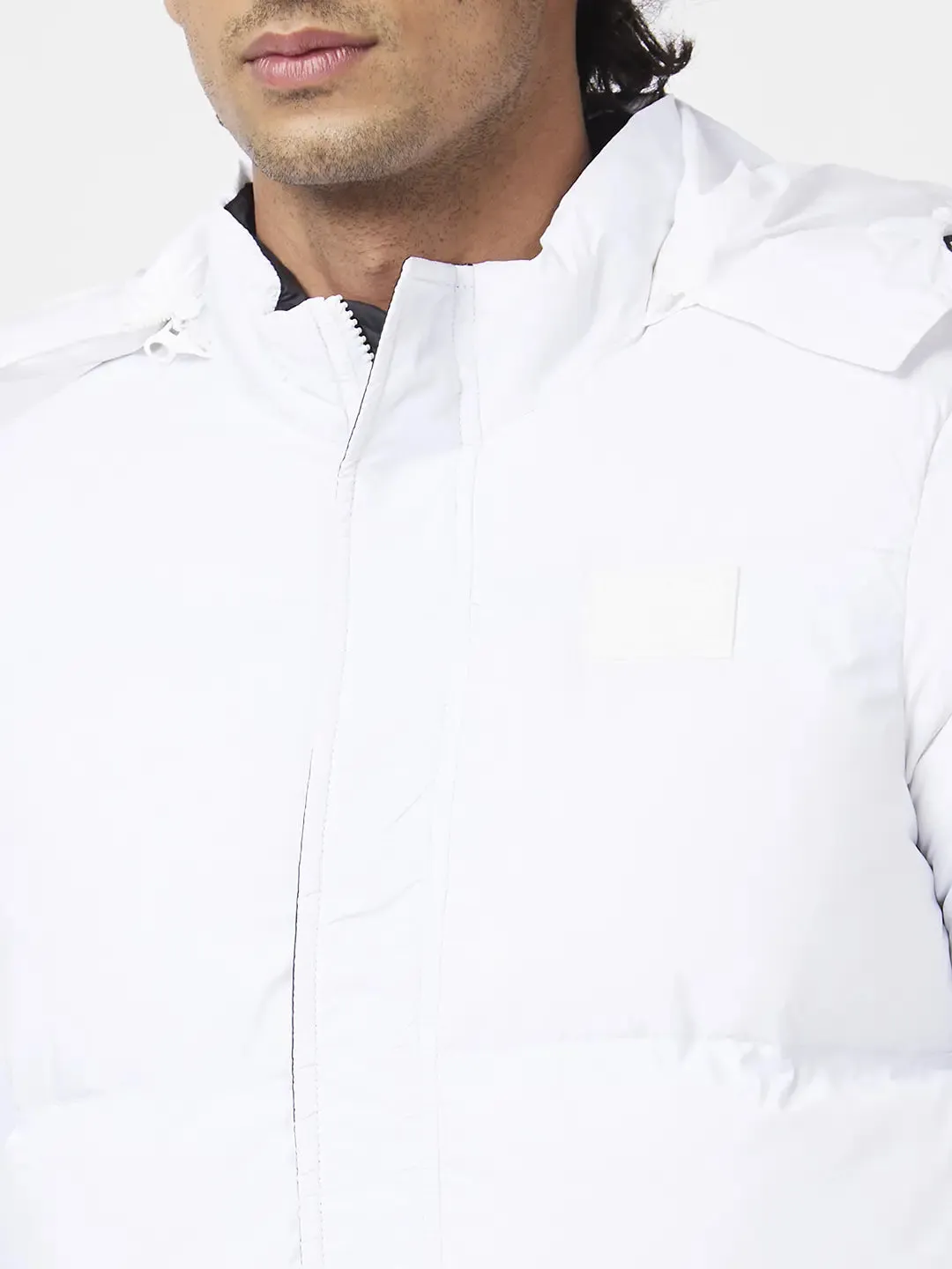 Men'S Puffer Jacket With Zipper Patch Pocket & Printed Details On Sleeves