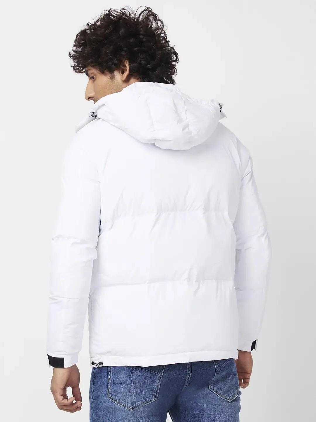 Men'S Puffer Jacket With Zipper Patch Pocket & Printed Details On Sleeves