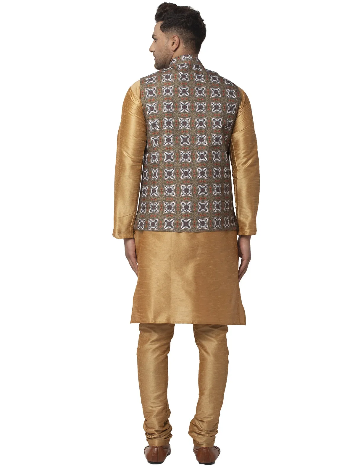 Men's Silk Blend Copper Kurta With Pyjama & Dark Green Printed Nehru Jacket - Benstoke