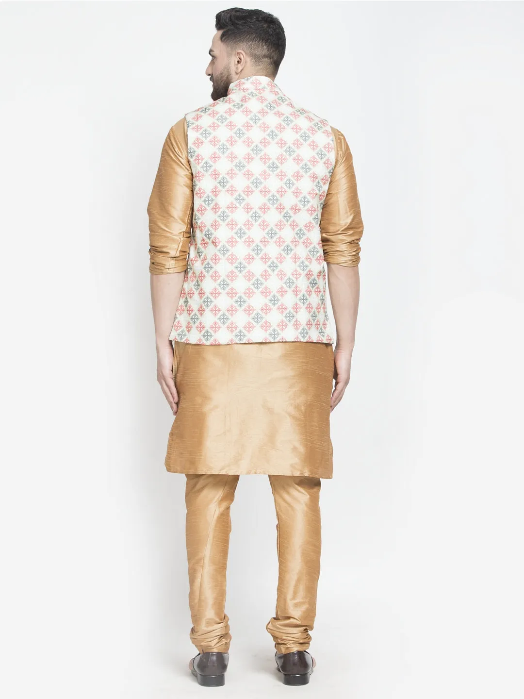 Men's Silk Blend Copper Kurta With Pyjama & Green Printed Nehru Jacket - Benstoke