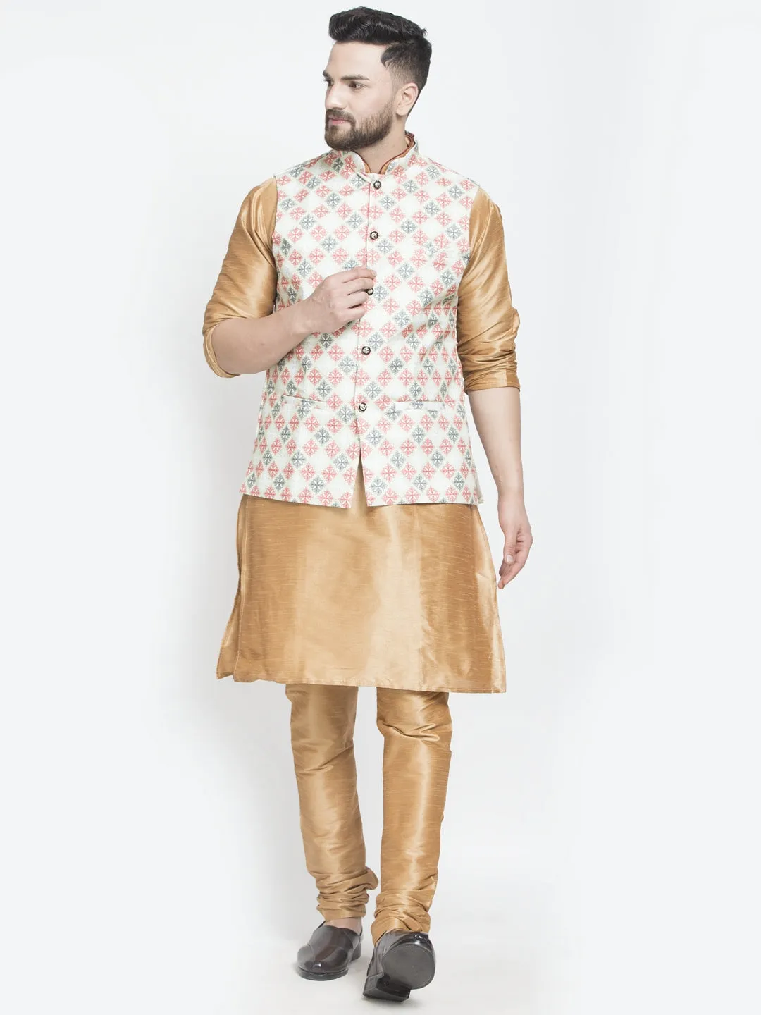 Men's Silk Blend Copper Kurta With Pyjama & Green Printed Nehru Jacket - Benstoke