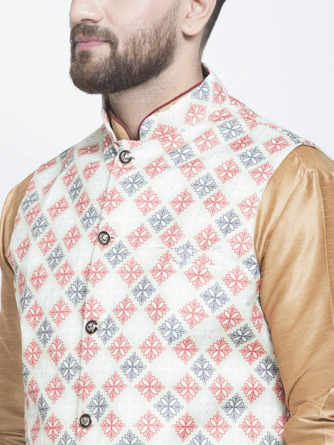 Men's Silk Blend Copper Kurta With Pyjama & Green Printed Nehru Jacket - Benstoke