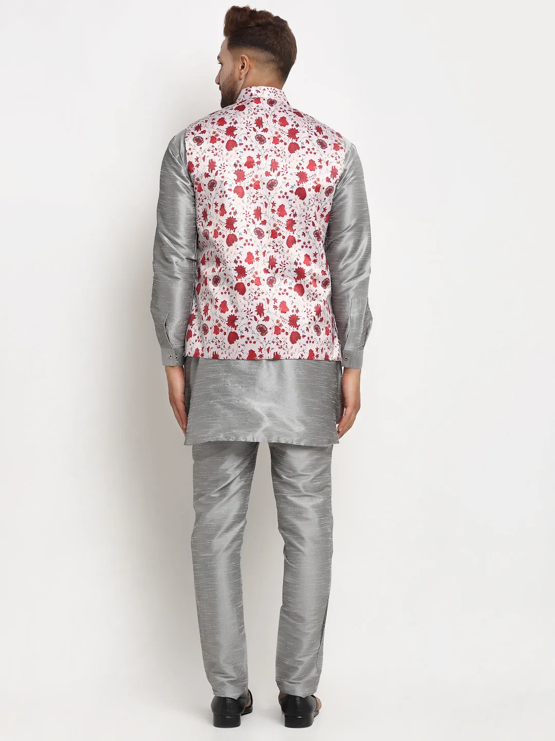 Men's Silk Blend Grey Kurta With Pyjama & Navy Blue Printed Nehru Jacket - Benstoke