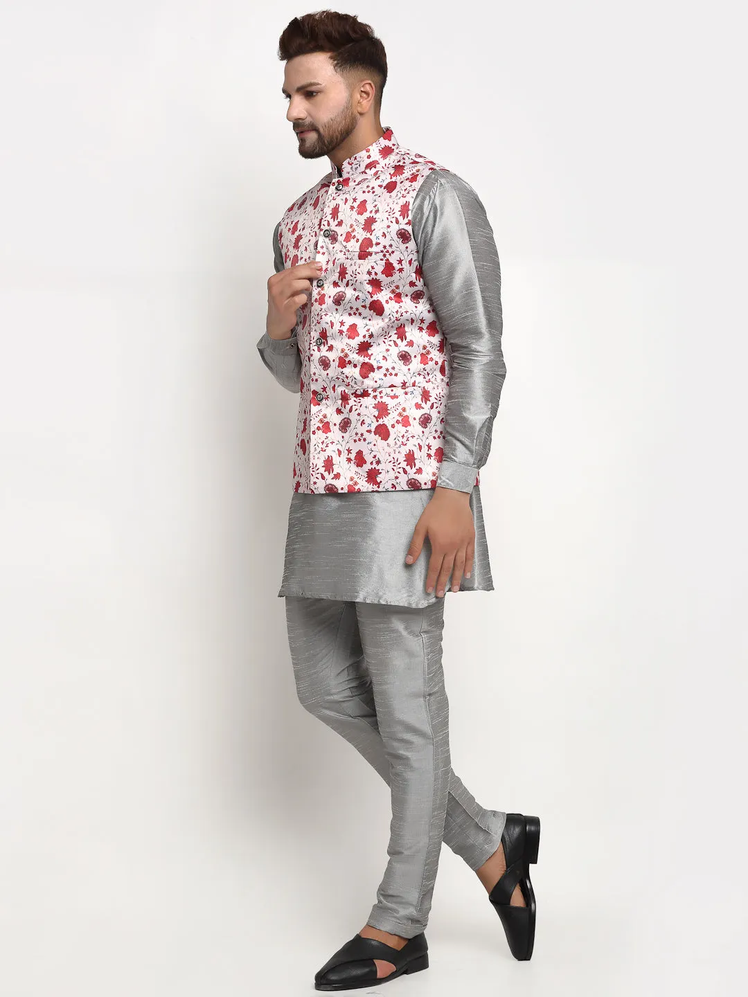 Men's Silk Blend Grey Kurta With Pyjama & Navy Blue Printed Nehru Jacket - Benstoke