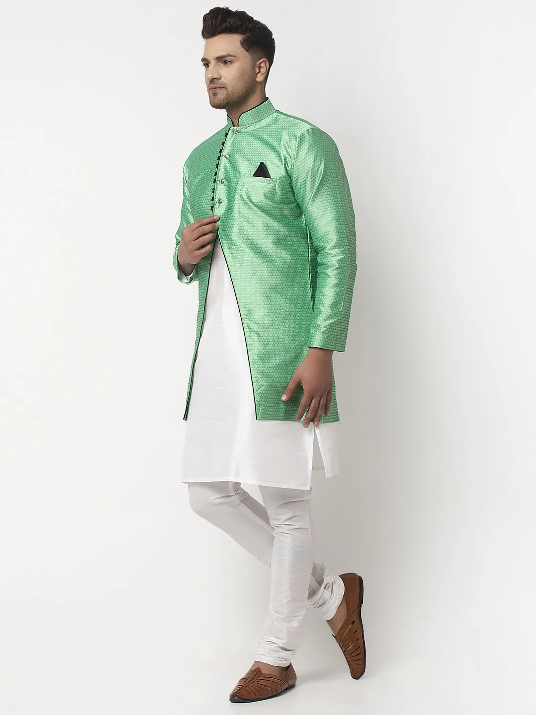 Men's White Kurta With Pyjama & Sea Green Self Design Jacket - Benstoke