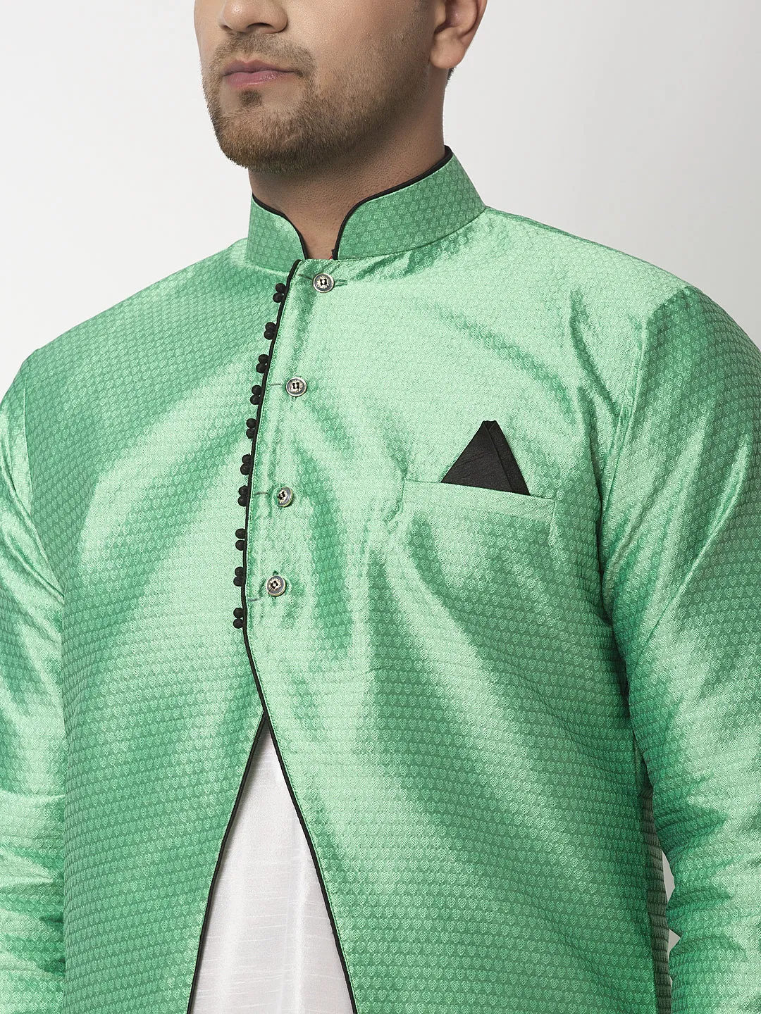 Men's White Kurta With Pyjama & Sea Green Self Design Jacket - Benstoke