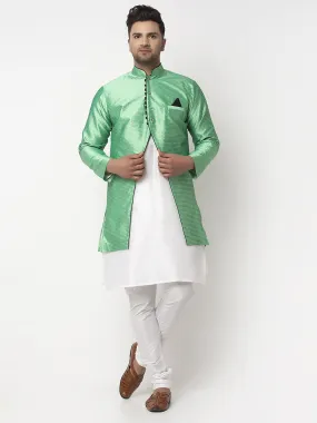 Men's White Kurta With Pyjama & Sea Green Self Design Jacket - Benstoke