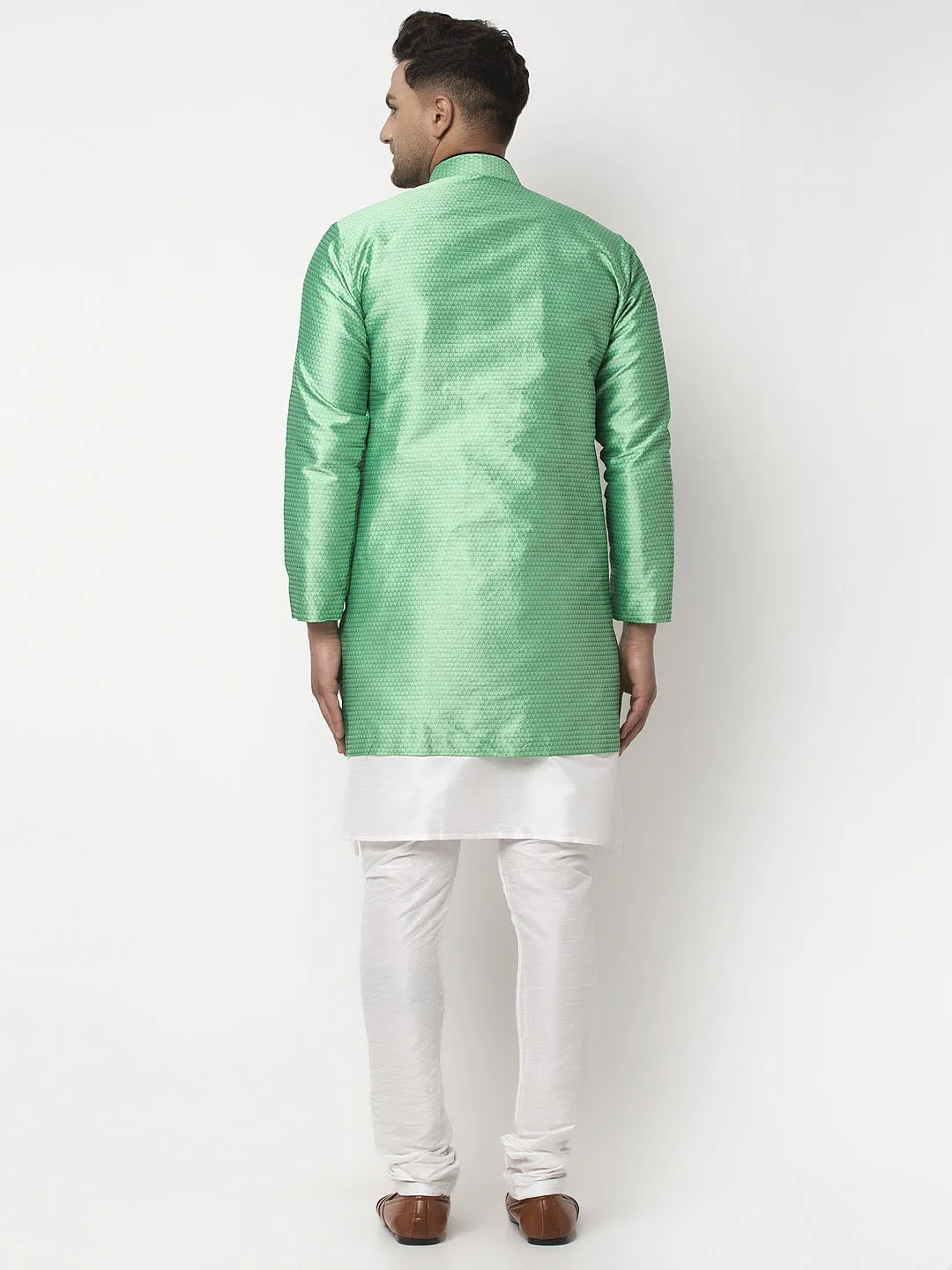 Men's White Kurta With Pyjama & Sea Green Self Design Jacket - Benstoke