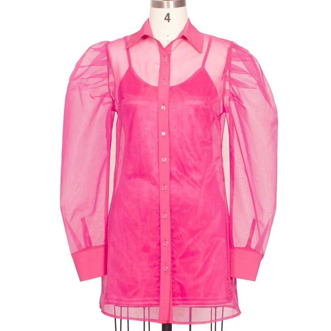 Meri Hot Pink Puff Shoulder Organza Shirt Mini Dress