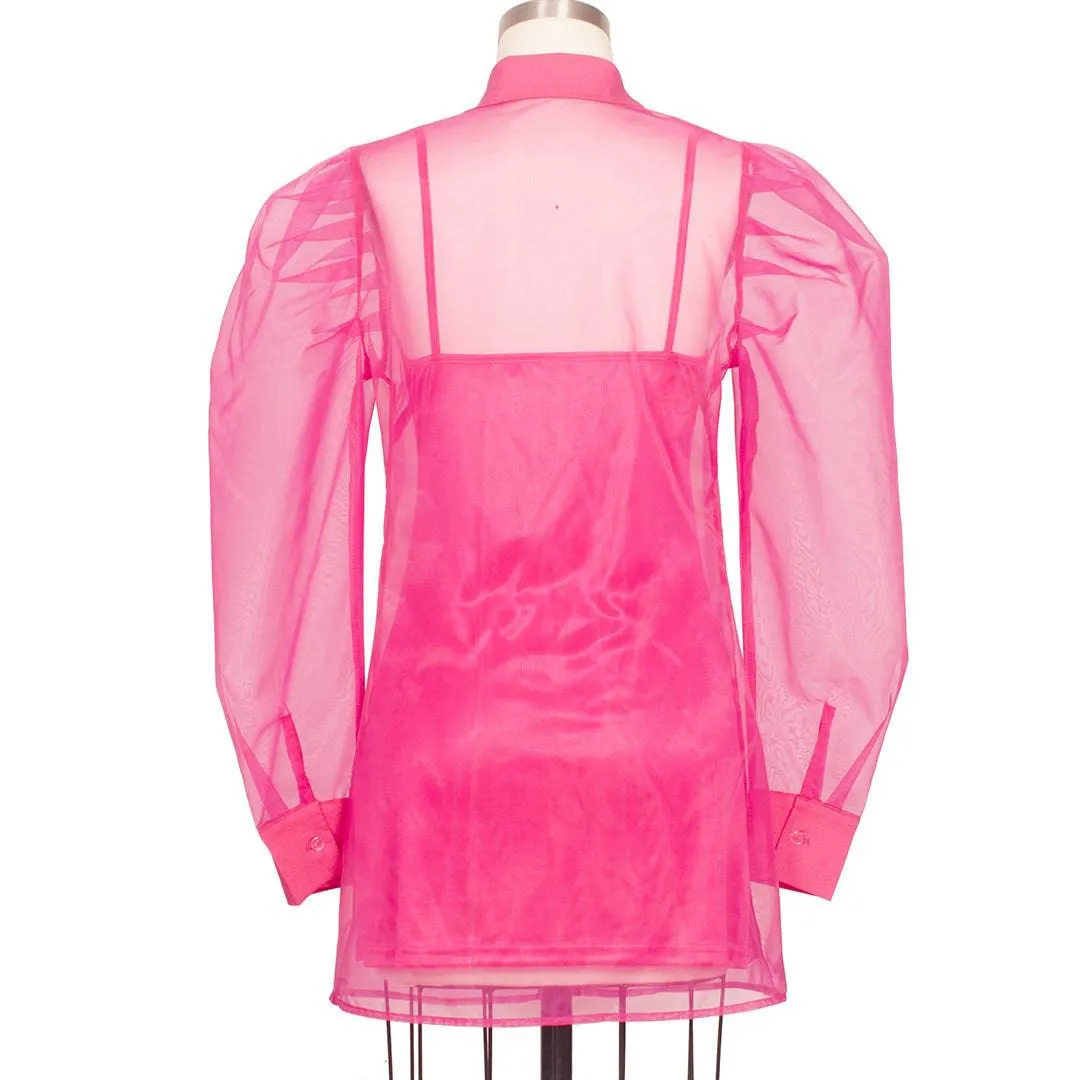 Meri Hot Pink Puff Shoulder Organza Shirt Mini Dress