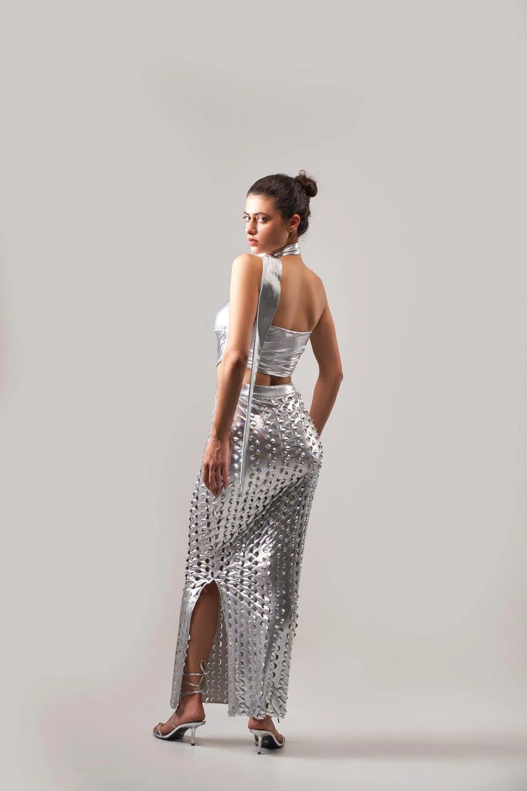 METALLIC TEXTURED ASYMMETRICAL TOP AND SKIRT CO-ORD SET