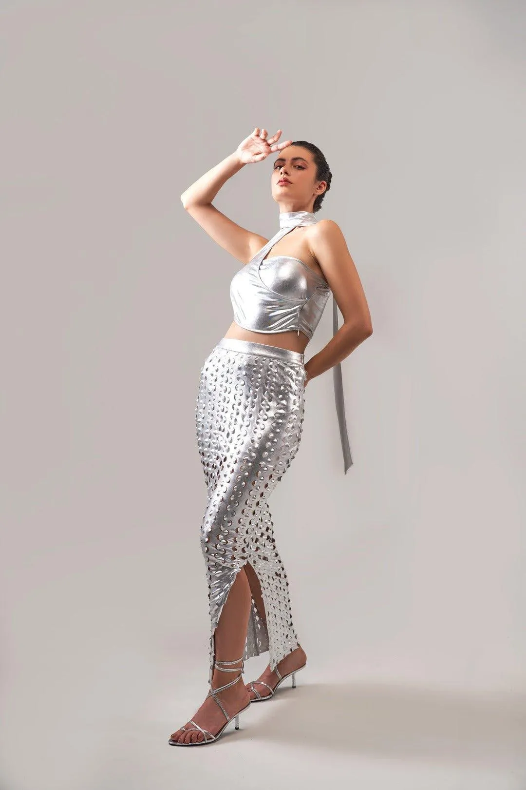 METALLIC TEXTURED ASYMMETRICAL TOP AND SKIRT CO-ORD SET