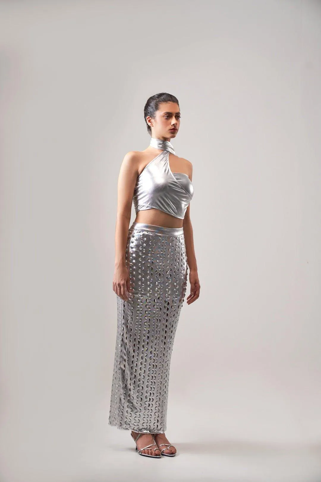 METALLIC TEXTURED ASYMMETRICAL TOP AND SKIRT CO-ORD SET