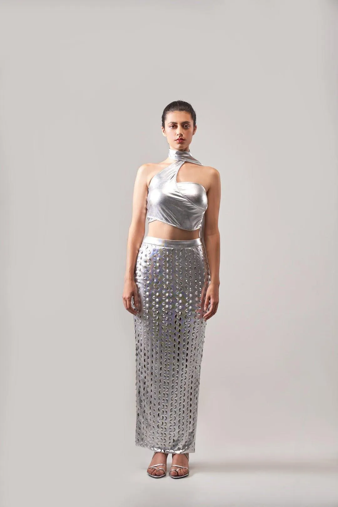 METALLIC TEXTURED ASYMMETRICAL TOP AND SKIRT CO-ORD SET