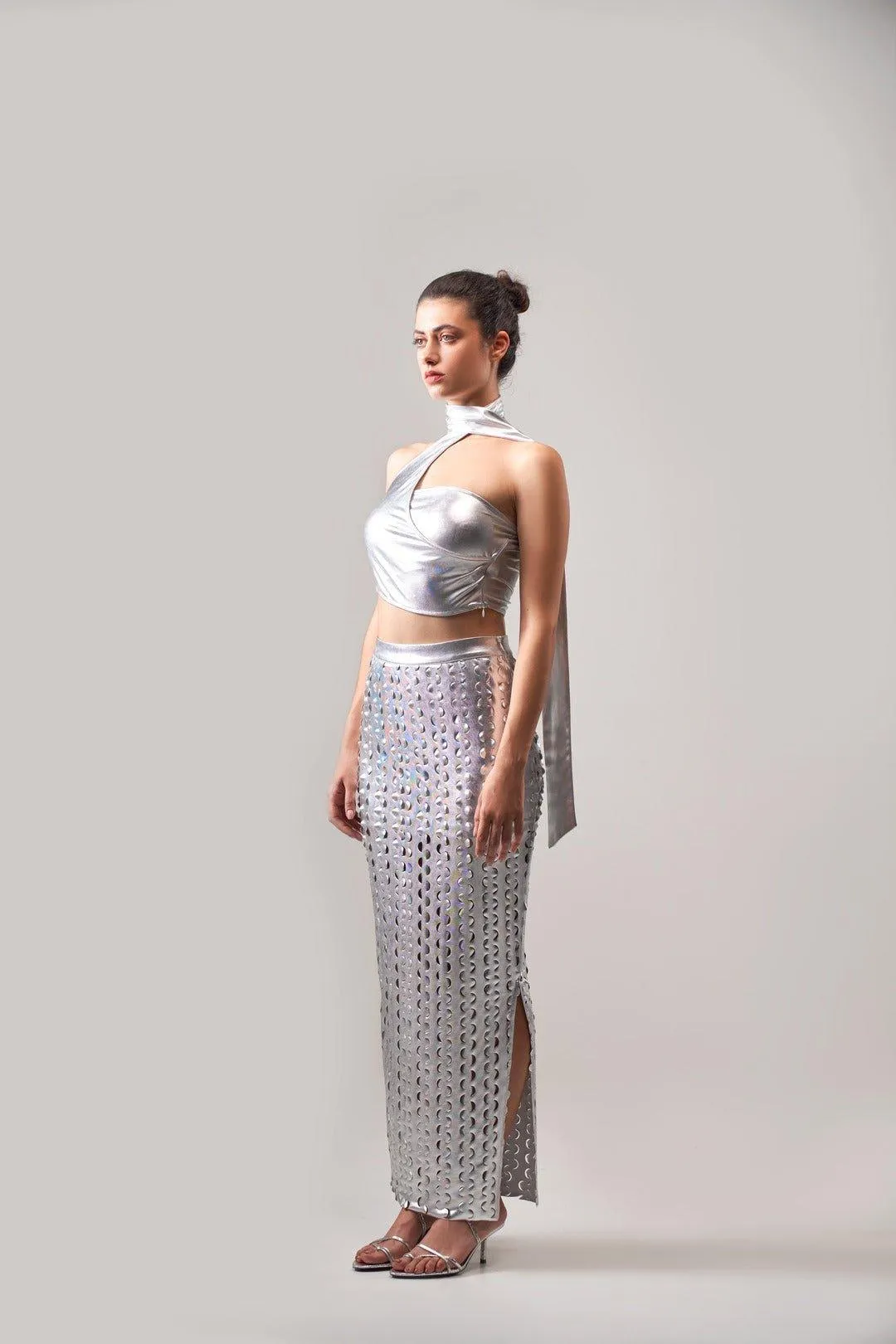 METALLIC TEXTURED ASYMMETRICAL TOP AND SKIRT CO-ORD SET