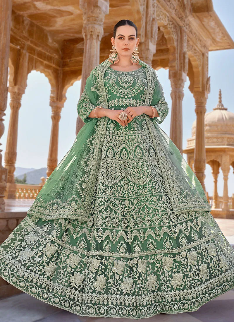 Mint Green Cording Thread Embroidery Designer Anarkali Suit