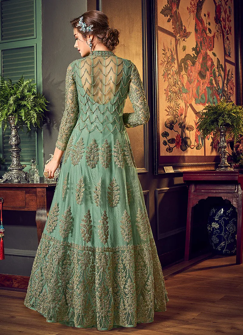 Mint Green Embroidered Jacket Style Anarkali Suit