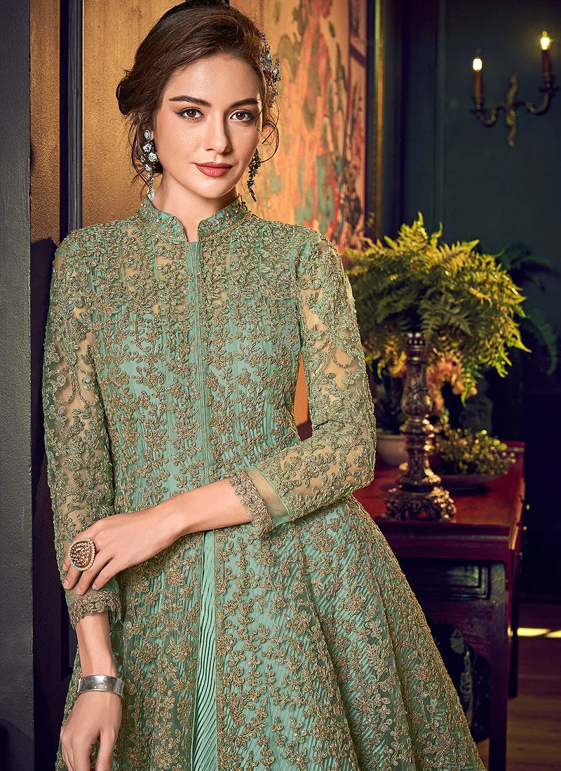 Mint Green Embroidered Jacket Style Anarkali Suit