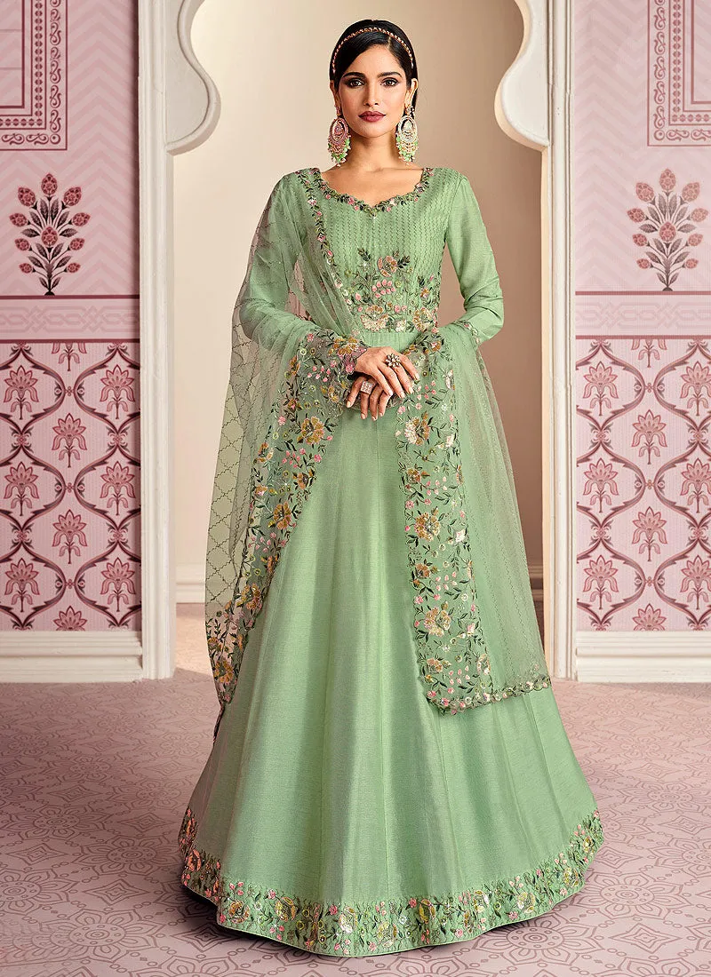 Mint Green Floral Embroidered Designer Anarkali Suit