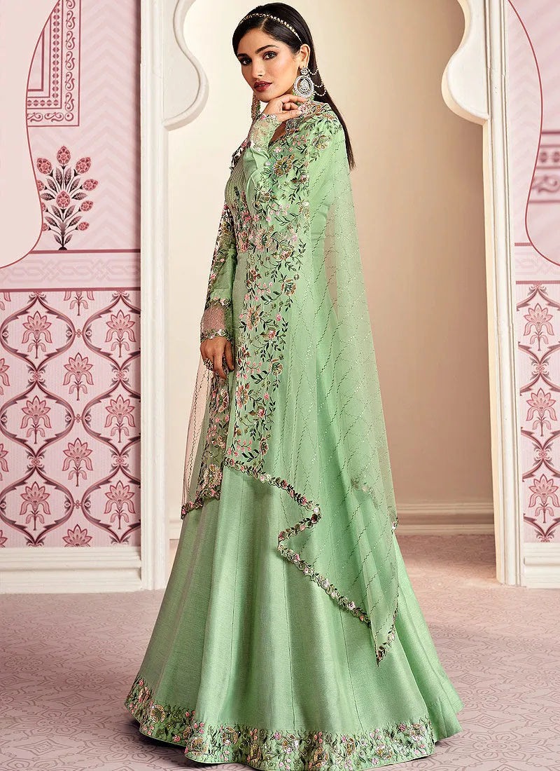 Mint Green Floral Embroidered Designer Anarkali Suit