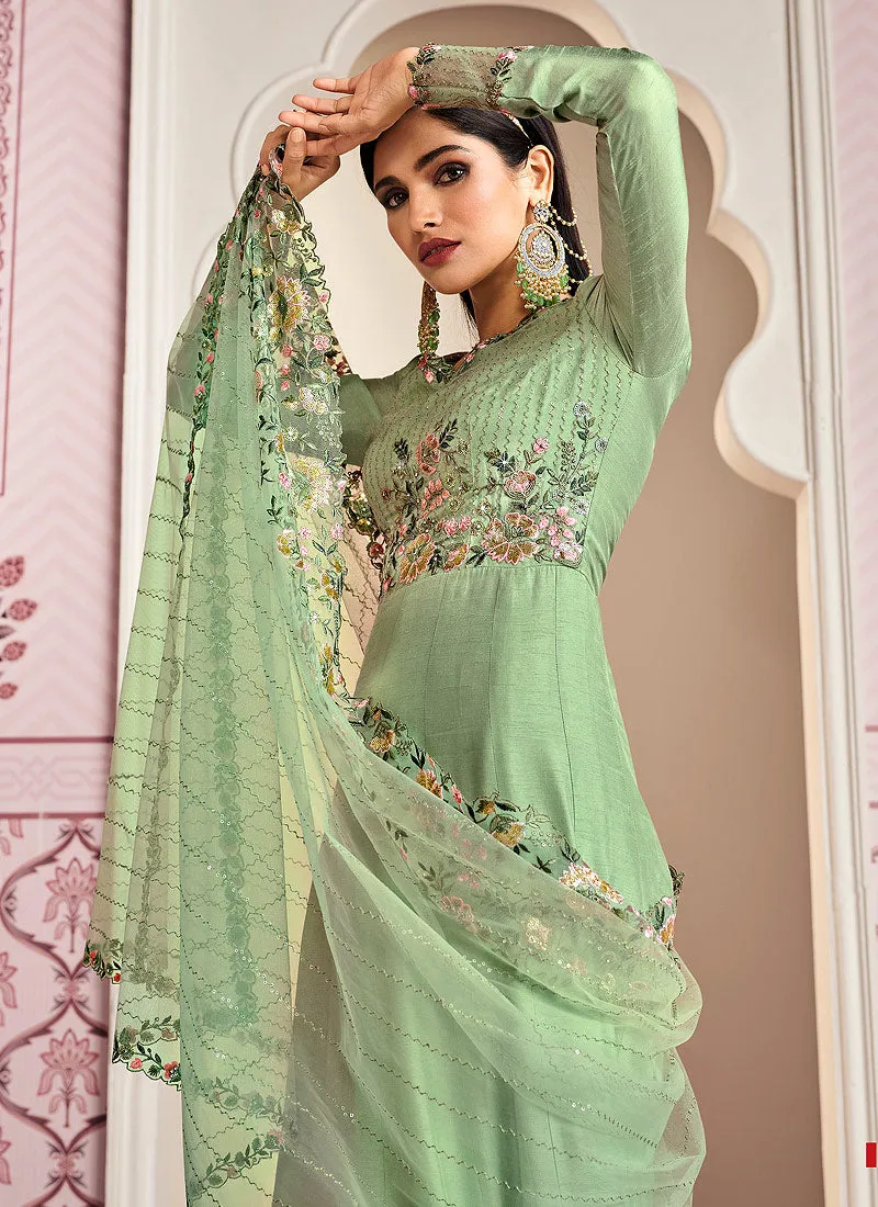 Mint Green Floral Embroidered Designer Anarkali Suit