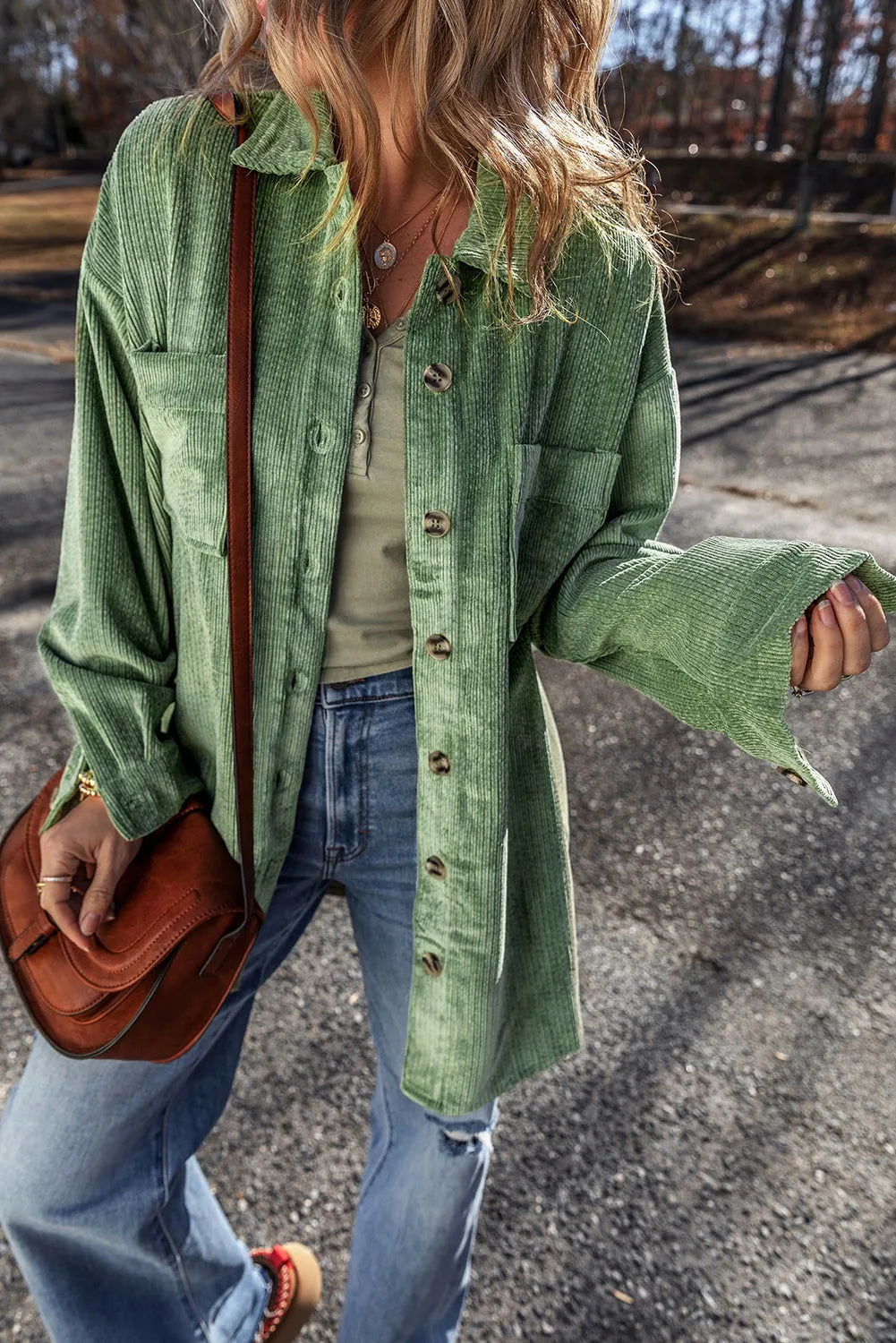 Mist Green Patched Pocket Button-Up Corduroy Shacket