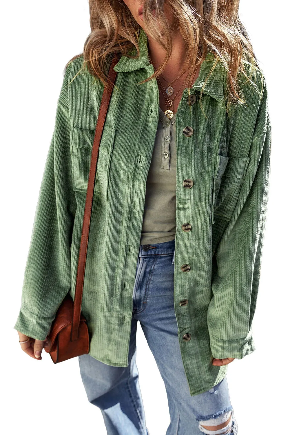 Mist Green Patched Pocket Button-Up Corduroy Shacket