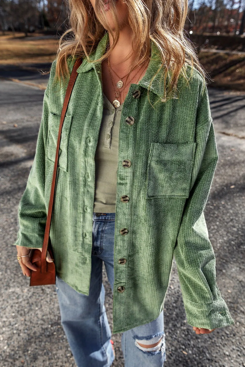 Mist Green Patched Pocket Button-Up Corduroy Shacket