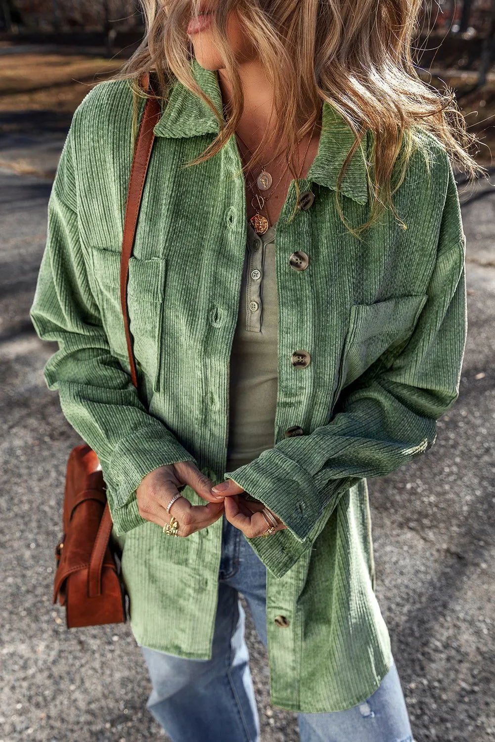 Mist Green Patched Pocket Button-Up Corduroy Shacket