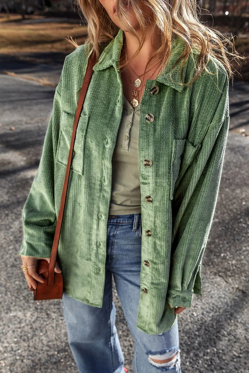 Mist Green Patched Pocket Button-Up Corduroy Shacket