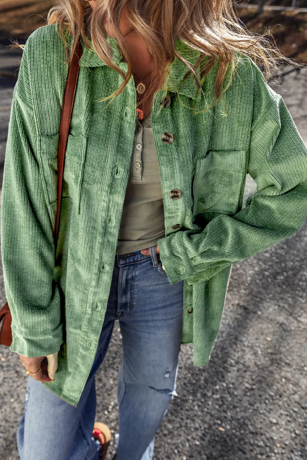 Mist Green Patched Pocket Button-Up Corduroy Shacket