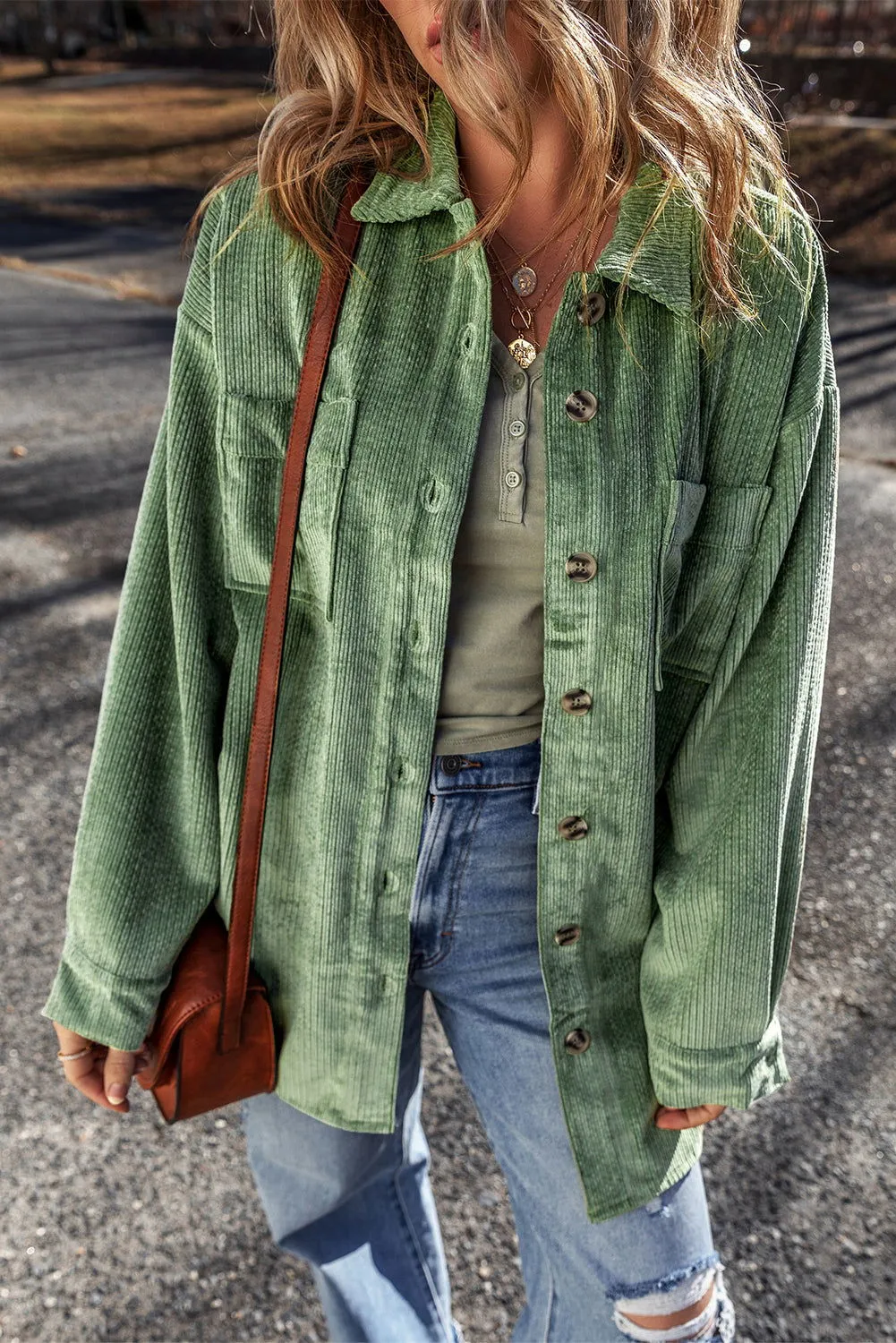 Mist Green Patched Pocket Button-Up Corduroy Shacket