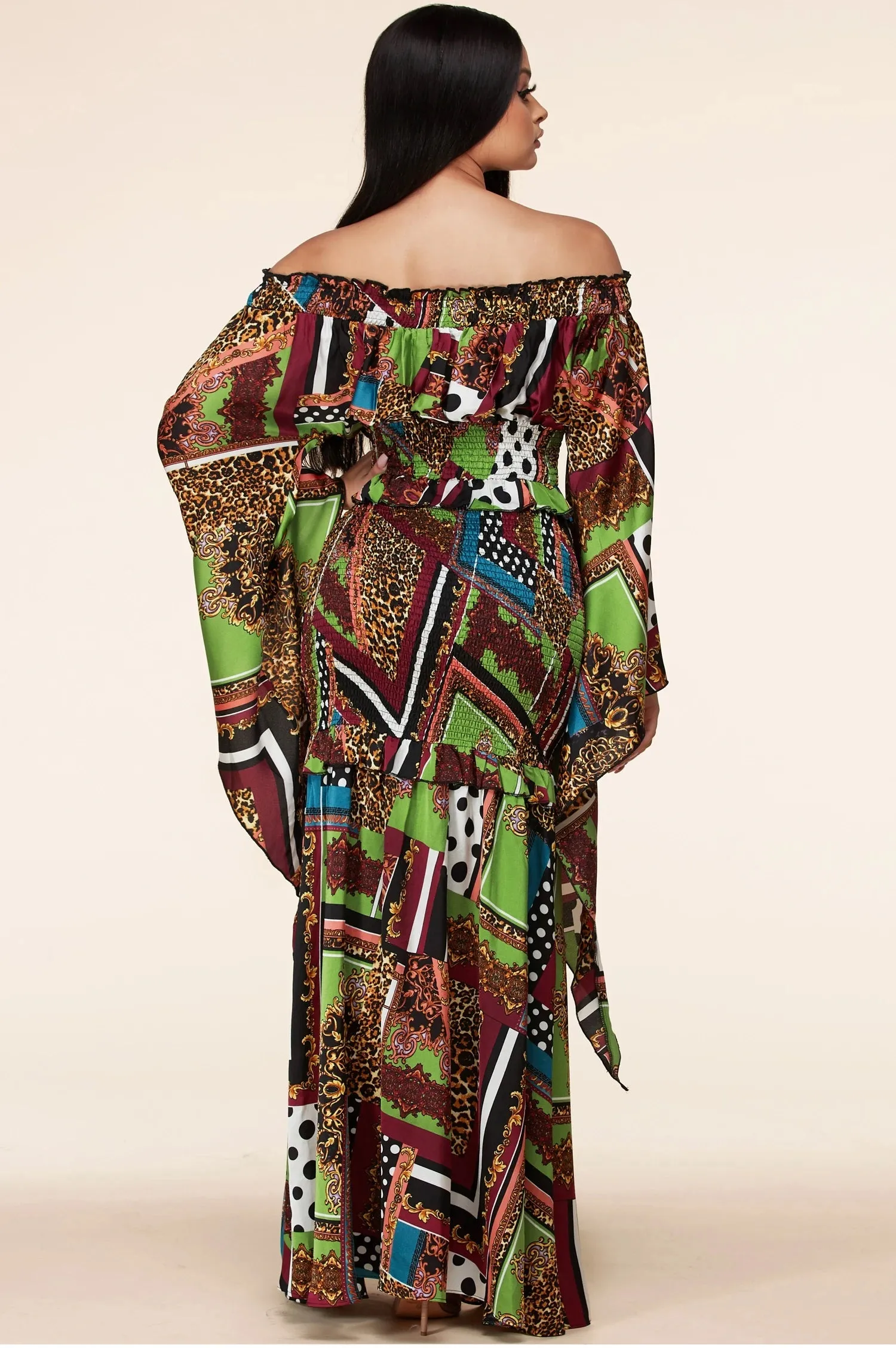 Mix Pattern Multi-Color Maxi Dress With Kimono Sleeves